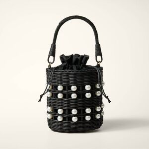 Kate Spade, Black Woven Handbag with Pearl Accents